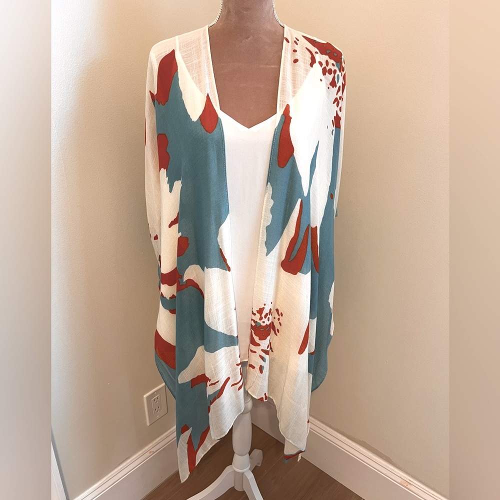 Casablanca- Blue Cream and Coral Modern Floral Print Kimono